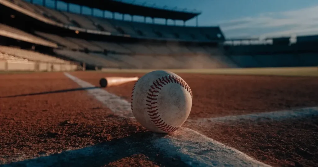 Ein weisser Baseball liegt auf rotbraunem Sand neben der Grundlinie eines leeren Stadions im warmen Abendlicht, die Ränge sind verlassen.