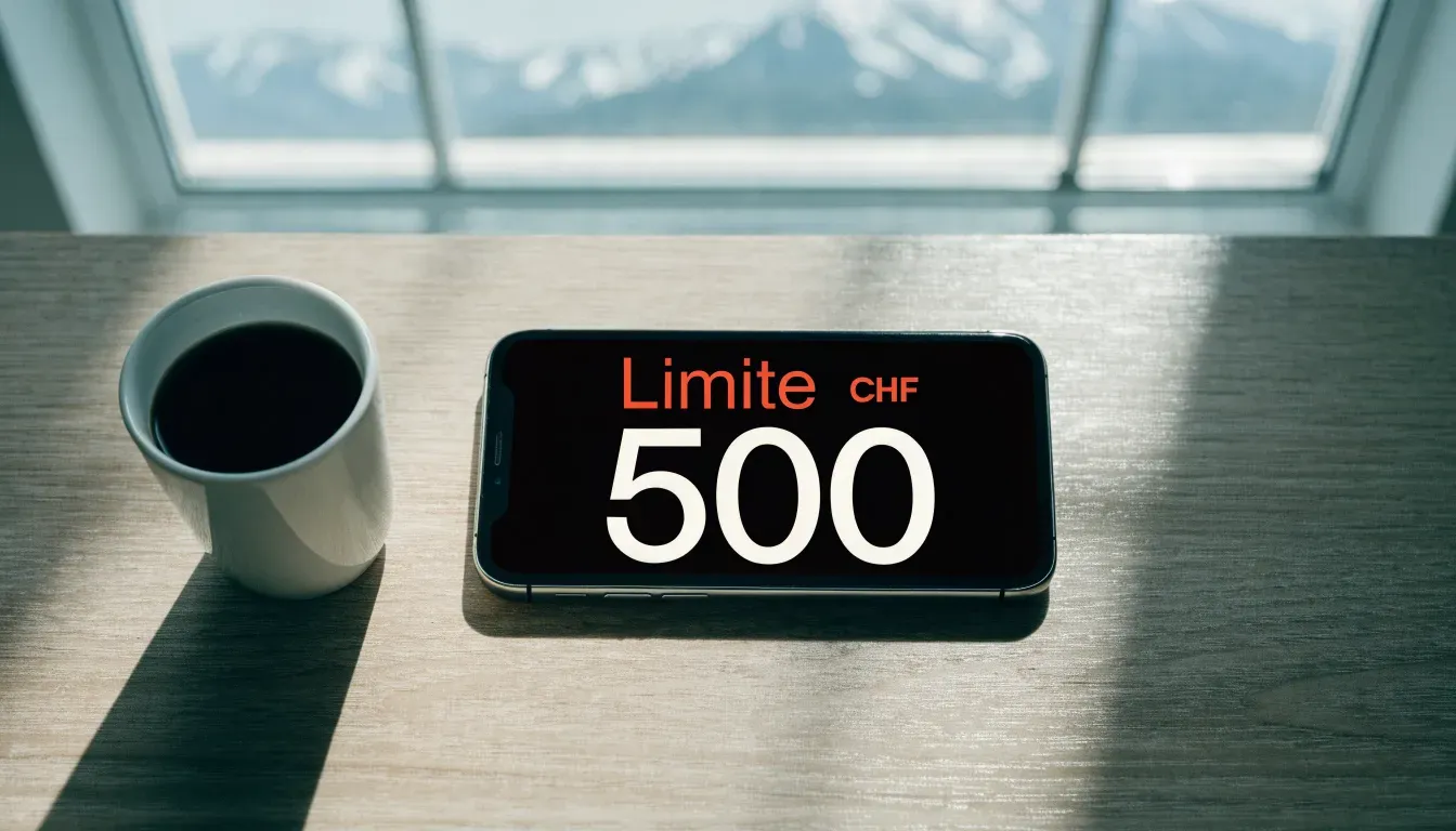 Ein Smartphone mit dunklem Bildschirm liegt auf einem hellen Schreibtisch neben einer Tasse, durch das Fenster dahinter sieht man eine Bergkette.