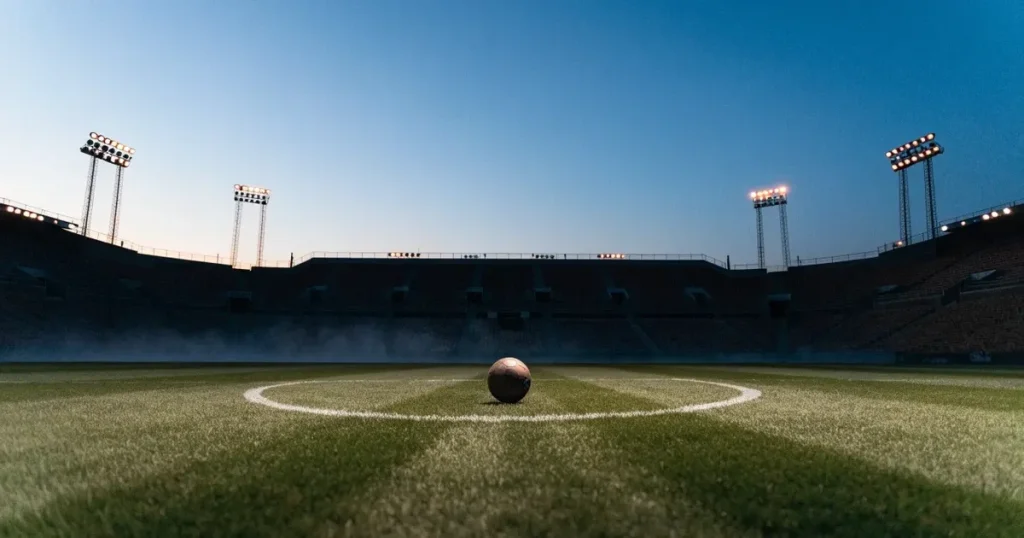 Ein Fussball liegt auf dem Mittelpunkt eines leeren Rasens, im Hintergrund steigen steile Tribünen in der Dämmerung auf.
