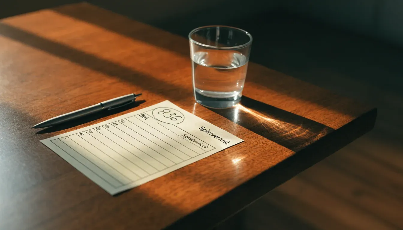 Eine Sanduhr steht auf einem Holztisch neben einem Glas Wasser, schräges Morgenlicht wirft einen langen Schatten über die Tischplatte.