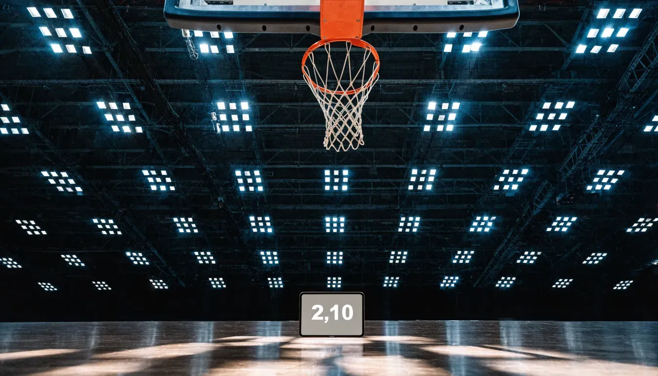Ein Basketballkorb von unten gesehen, darüber eine Hallendecke mit Scheinwerfern und Stahlträgern.