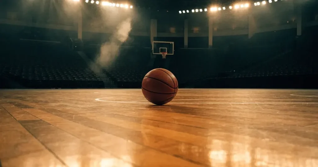 Ein orangefarbener Basketball liegt auf dem Parkett einer leeren Halle unter hellem Flutlicht, die Tribünen sind dunkel.