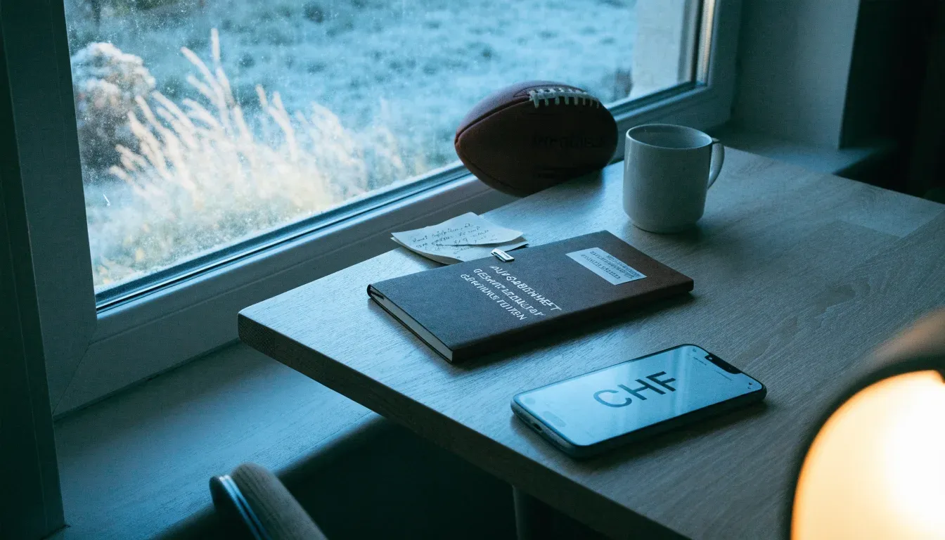 Ein Kaffeebecher und ein Football stehen auf einem Küchentisch am Morgen, durch das Fenster sieht man einen Garten mit Raureif.