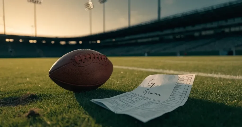 Ein ovaler Football liegt auf frisch gemähtem Rasen neben einer weissen Linie, im Hintergrund stehen leere Flutlichtmasten im Abendlicht.