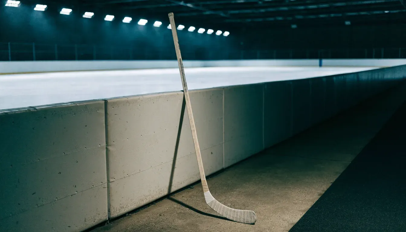 Ein Eishockeyschläger lehnt an der Bande, in der Ferne liegt die hell beleuchtete Eisfläche einer Halle unter Flutlicht.