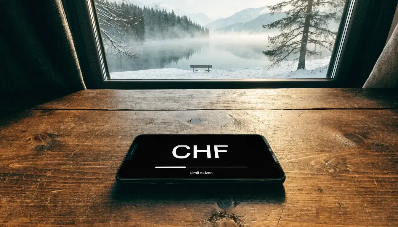Ein zugefrorener Bergsee im Morgendunst, am Ufer steht eine einsame Holzbank zwischen verschneiten Tannen.