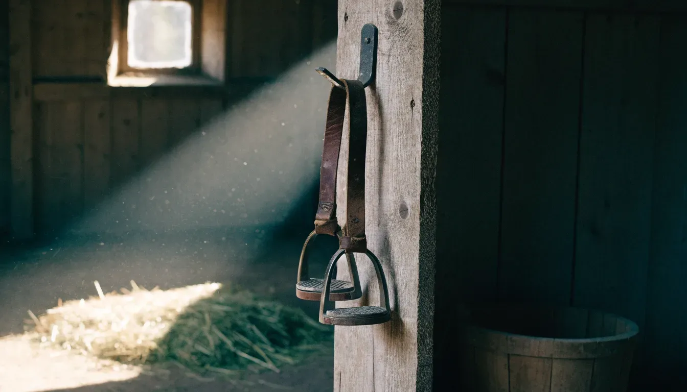 Lederne Steigbügel und ein Zügel hängen an einer Holzwand in einem ruhigen Stall, Heu liegt im Licht eines kleinen Fensters.