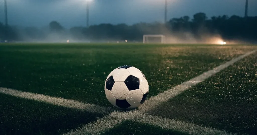 Ein Fussball liegt auf der Strafraumlinie eines nassen Rasens, dahinter stehen Flutlichtmasten im aufsteigenden Nebel.