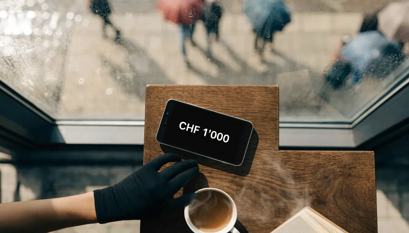 Ein Café-Tisch am Fenster mit einer Teetasse, draussen ein nasser Gehweg und Passanten mit Regenschirmen in unscharfer Ferne.