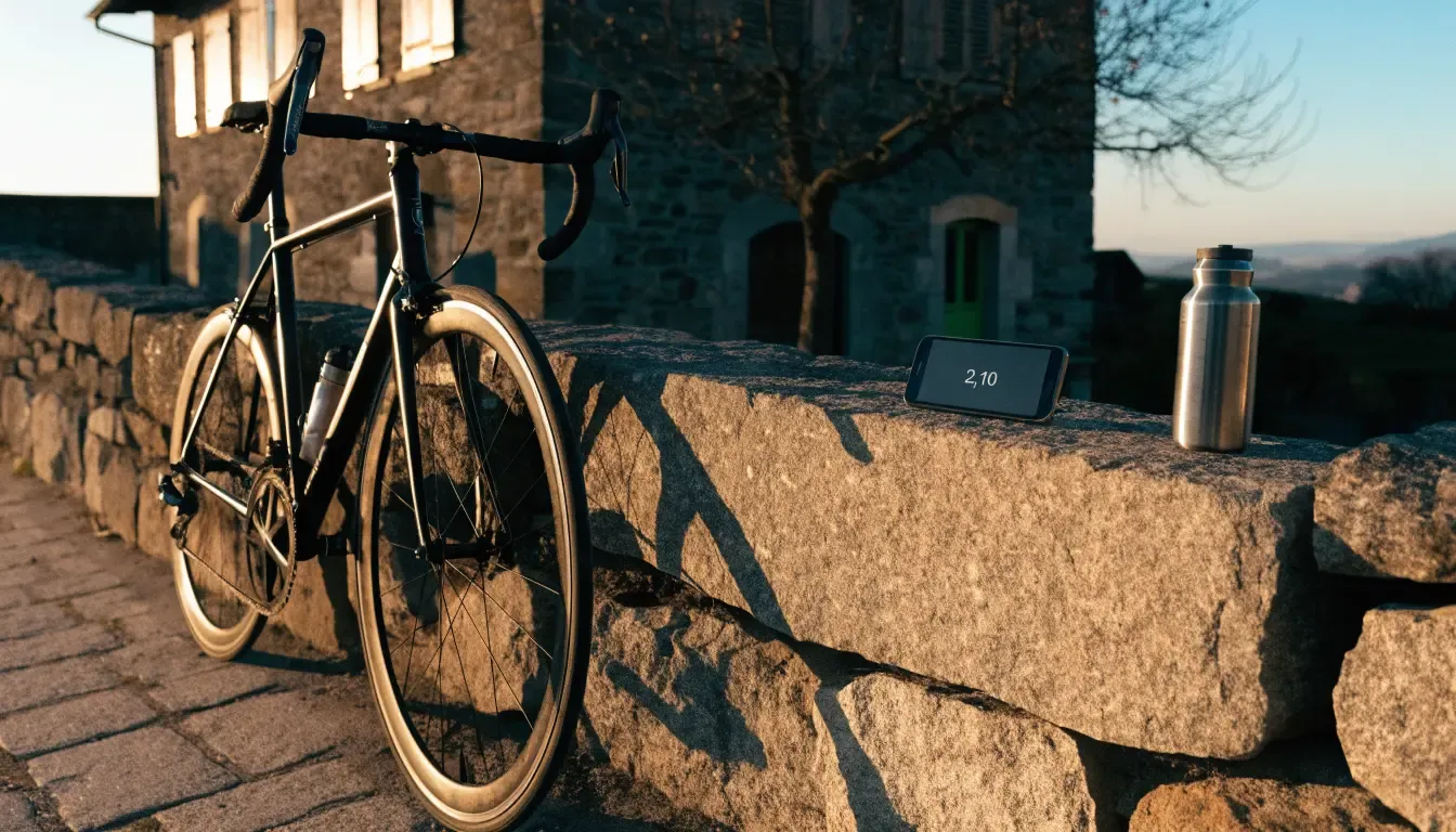 Ein Rennrad lehnt an einer Steinmauer am Rand eines Dorfplatzes, daneben eine Trinkflasche im ersten Sonnenlicht.