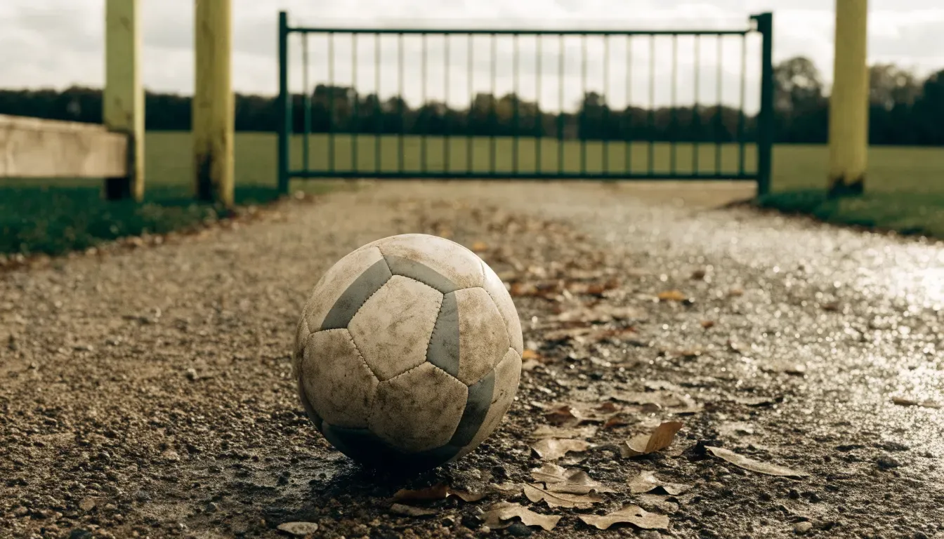 Ein abgenutzter Fussball liegt auf einem Kiesweg neben dem Eingang eines Vereinsplatzes, Laub liegt auf dem Boden.