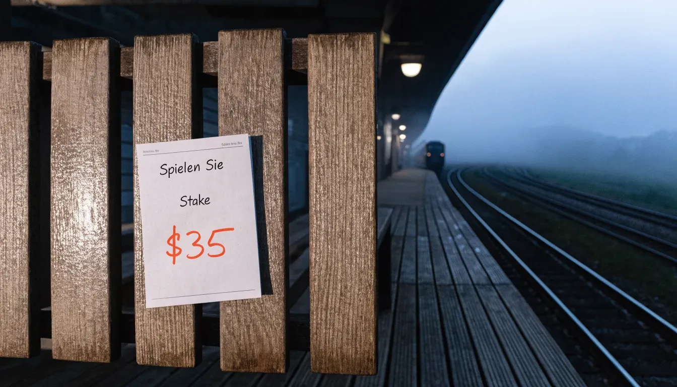 Ein Bahnsteig mit leeren Bänken an einem Regionalbahnhof am Morgen, ein Zug fährt in der Ferne ein.