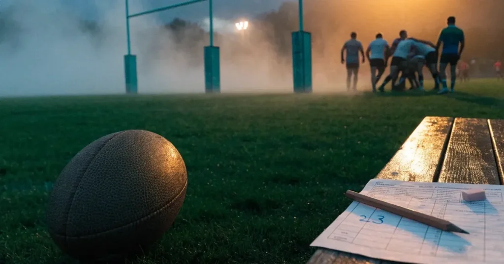 Ein ovaler Rugbyball liegt auf feuchtem Rasen vor zwei hohen Torstangen, hinter dem Spielfeld steigen Nebelschwaden auf.