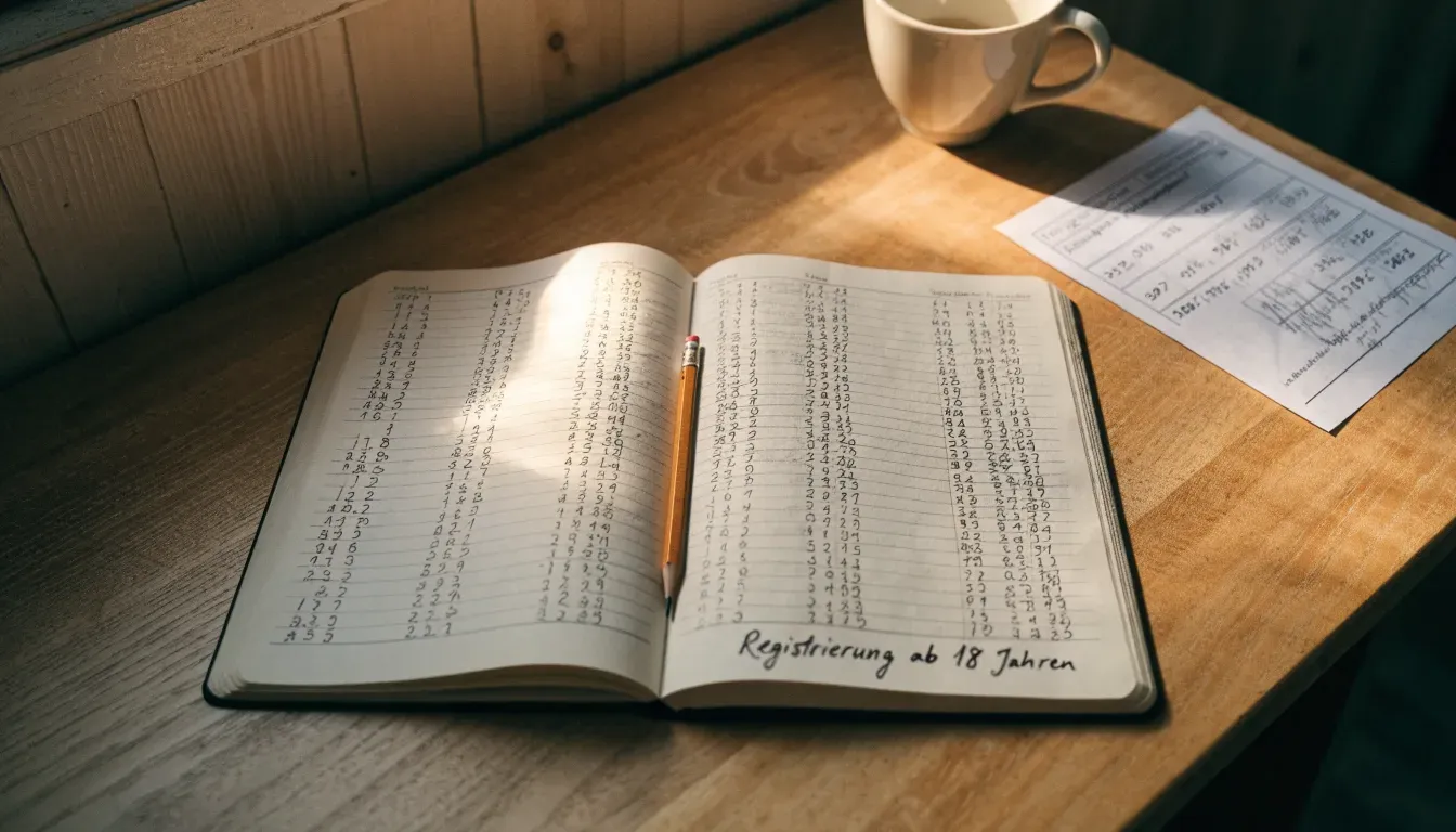 Ein aufgeschlagenes Notizbuch mit handschriftlichen Skizzen neben einem Bleistift und einer Kaffeetasse auf einem Holztisch.