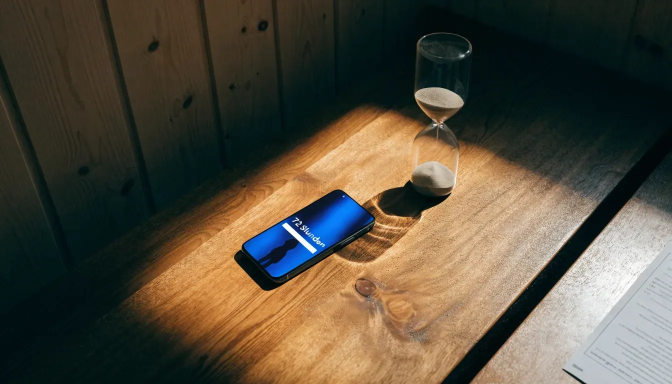 Eine Sanduhr steht auf einem Holztisch neben einem umgedrehten Smartphone, warmes Licht fällt von der Seite ein.
