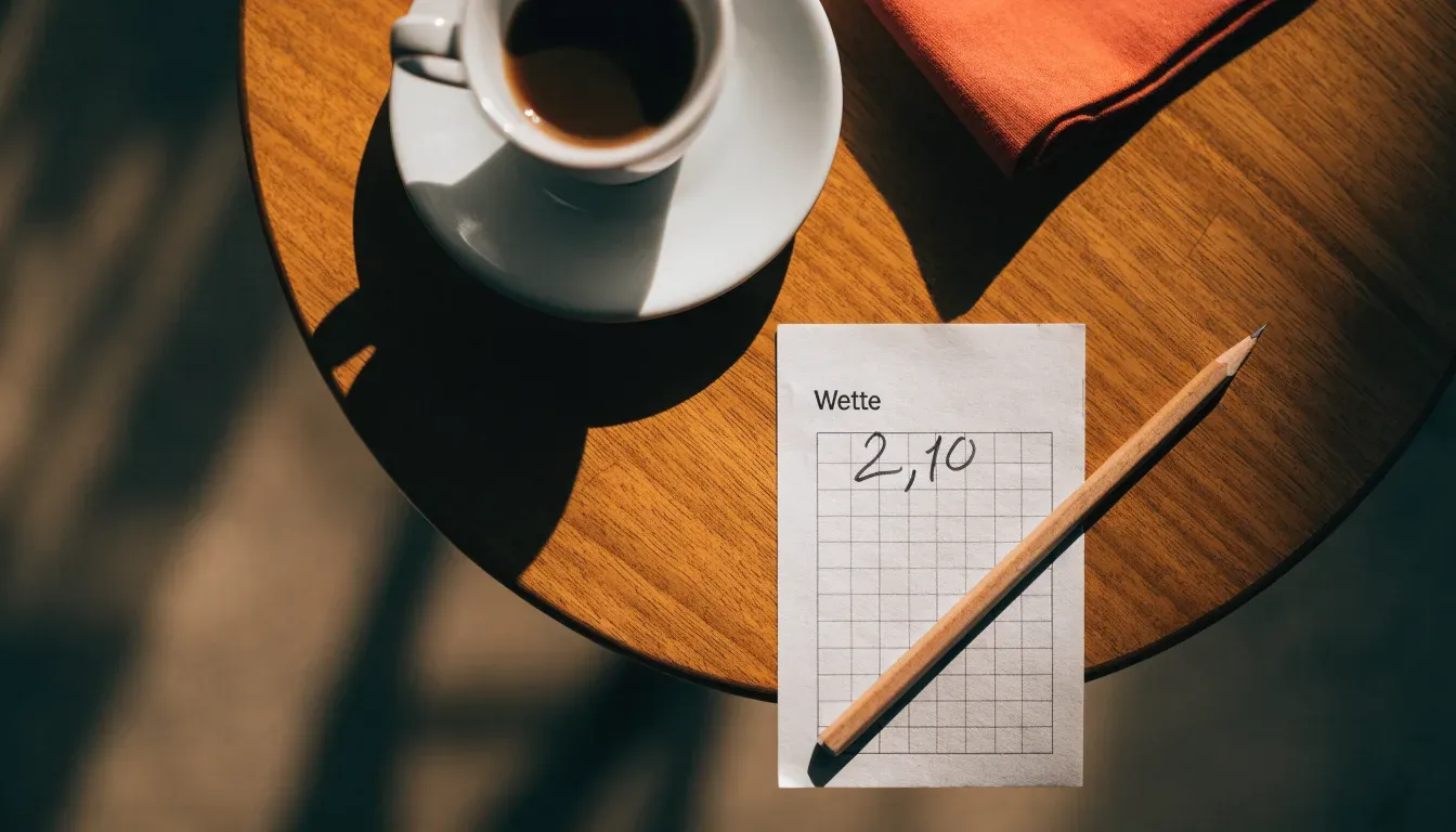 Eine Espressotasse und ein Bleistift liegen auf einem Caféhaustisch neben einer gefalteten Stoffserviette im Licht der Morgensonne.