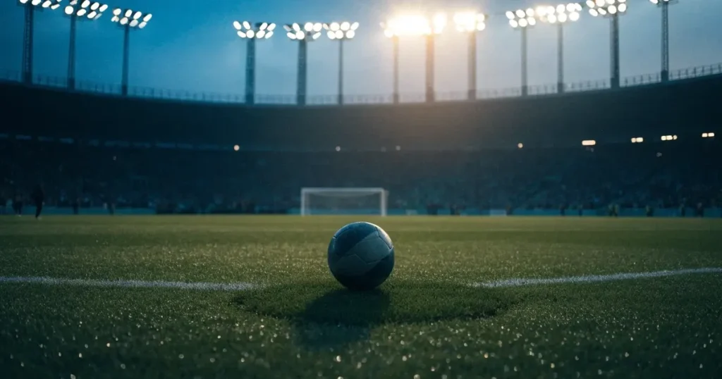 Ein Fussball liegt auf dem Anstosspunkt eines leeren Rasenplatzes in der Abenddämmerung, dahinter leuchten Flutlichtmasten über einer Tribüne.
