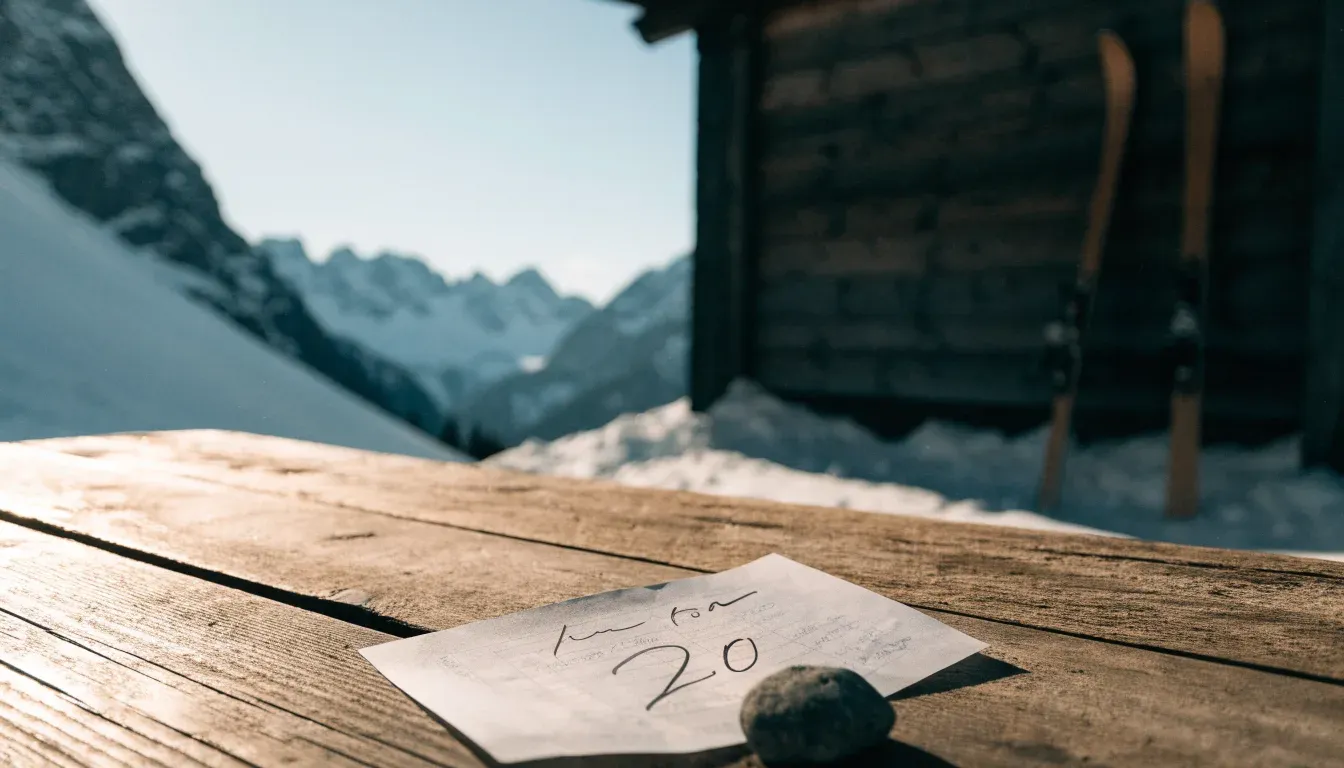 Zwei Skier stecken aufrecht im Schnee neben einer Holzhütte, dahinter ein weites Alpenpanorama bei klarem Himmel.