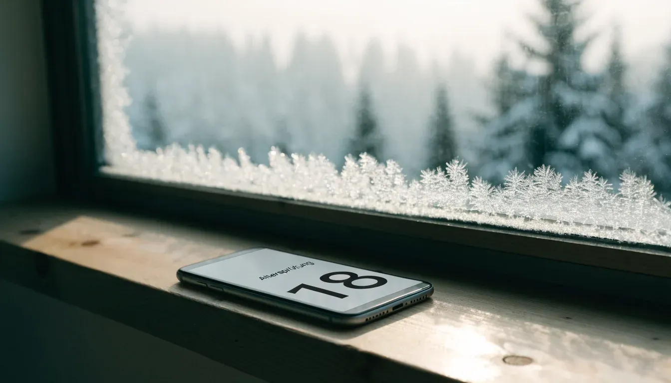 Ein vereistes Fenster einer Berghütte mit Blick auf verschneite Tannen im blassen Winterlicht.