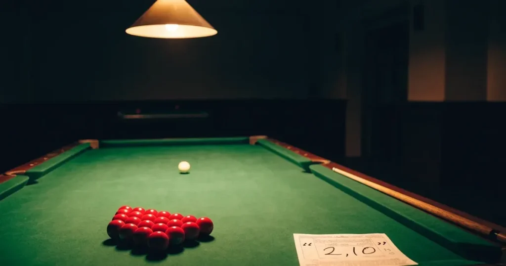 Ein Snookertisch mit grünem Tuch und einem Dreieck aus roten Kugeln unter einer tief hängenden Lampe in einer leeren Halle.