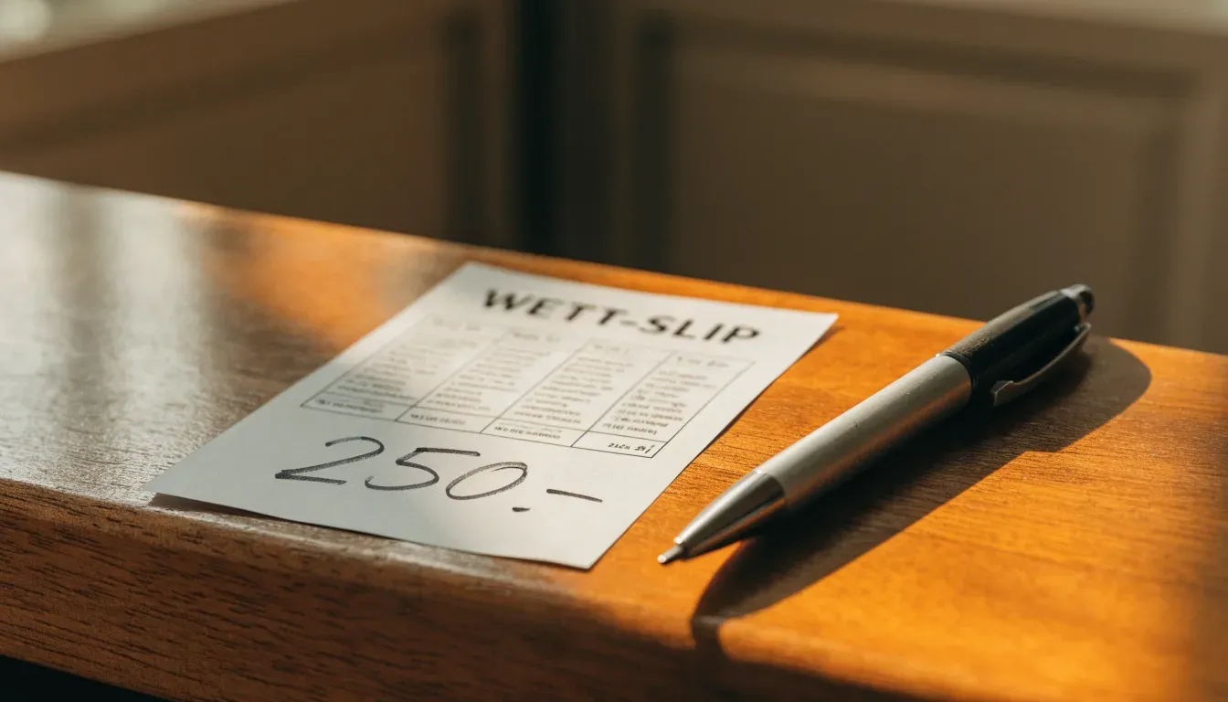 Ein leerer Wettschein aus Papier und ein Kugelschreiber liegen auf einer hölzernen Theke im Nachmittagslicht.