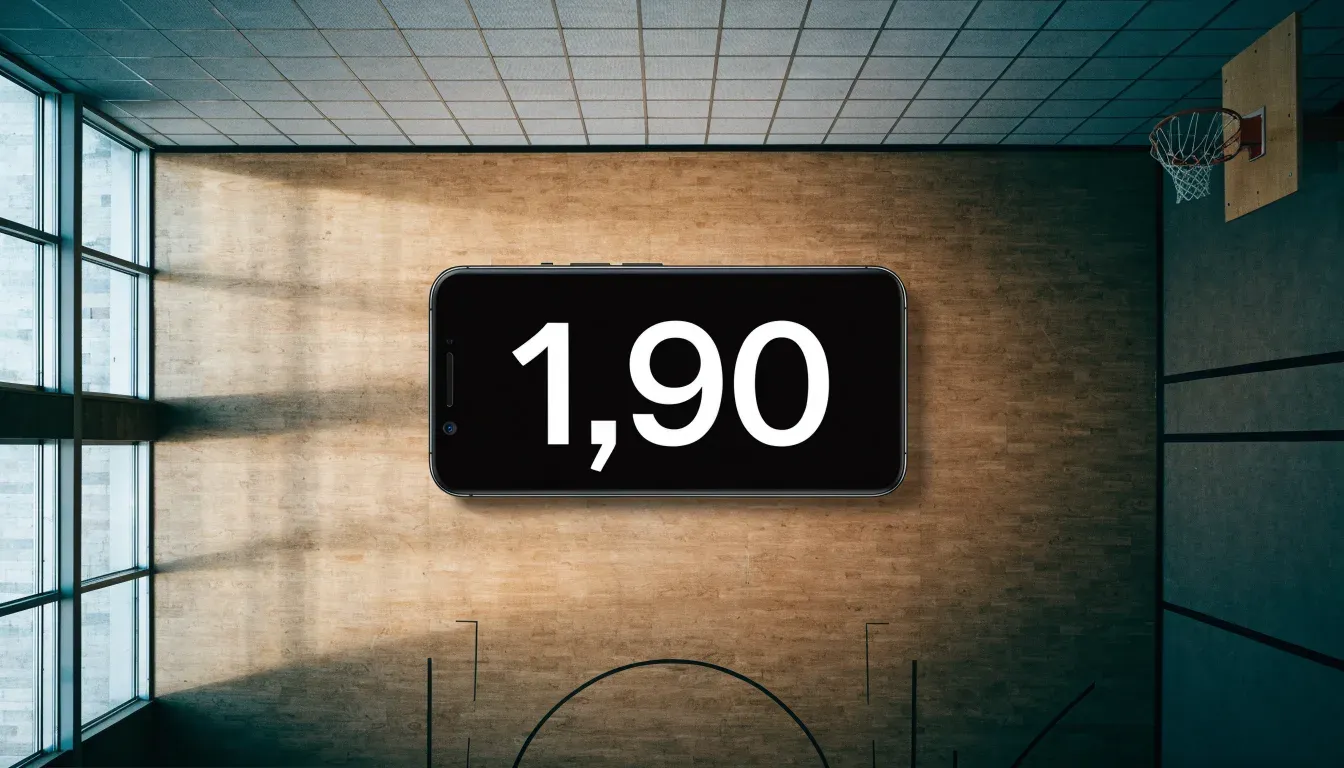 Ein Basketballkorb hängt in einer leeren Turnhalle, durch hohe Fenster fällt Licht auf das Holzparkett.