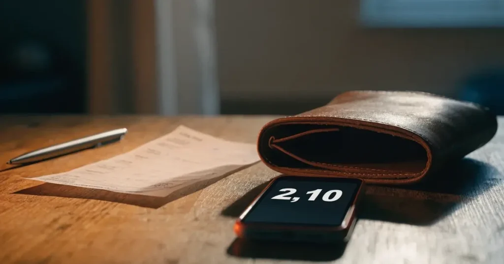 Eine leere Geldbörse aus Leder liegt geöffnet auf einem Tisch, daneben ein Kugelschreiber und ein Smartphone mit dunklem Display.