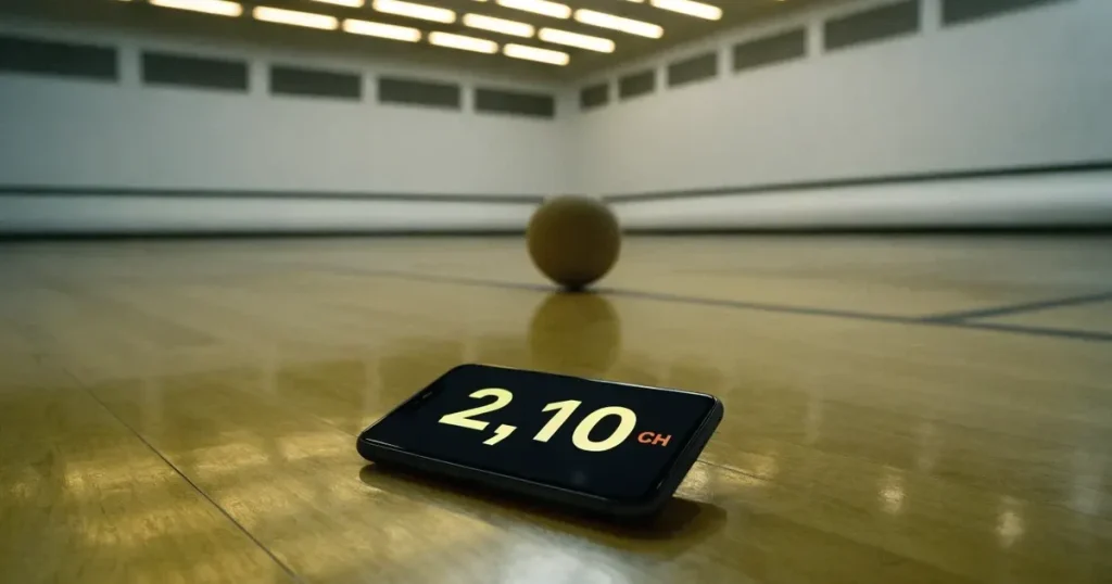 Ein leerer Squashcourt mit weissen Wänden und hellem Holzboden, ein Ball liegt in der Mitte, Deckenlicht spiegelt sich im Parkett.