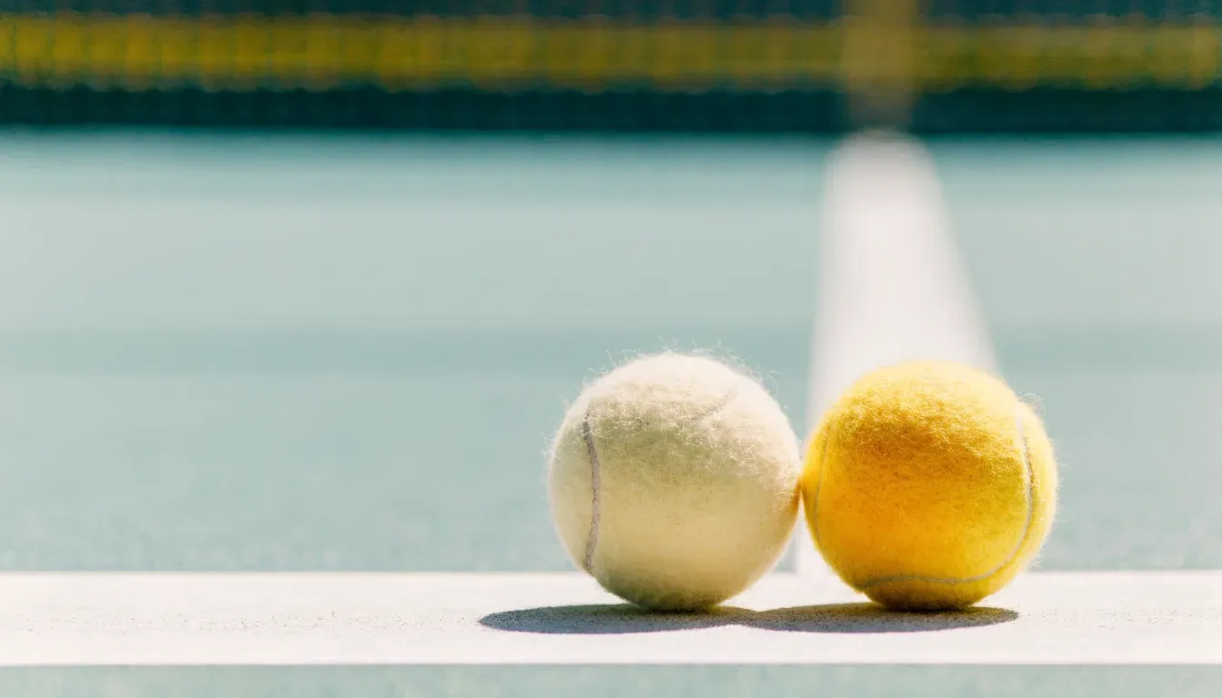 Zwei Tennisbälle liegen auf der weissen Grundlinie eines Hartplatzes im grellen Sonnenlicht.