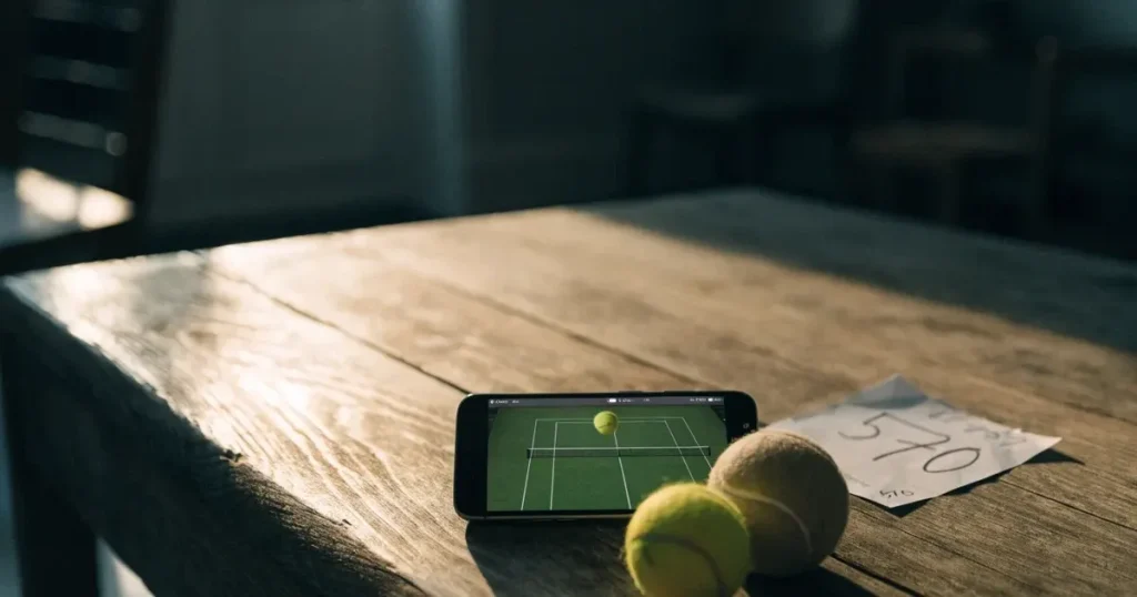 Ein leerer Tennisplatz im Morgengrauen, der Netzschatten fällt lang über den Platz, über der Grundlinie liegt leichter Nebel.