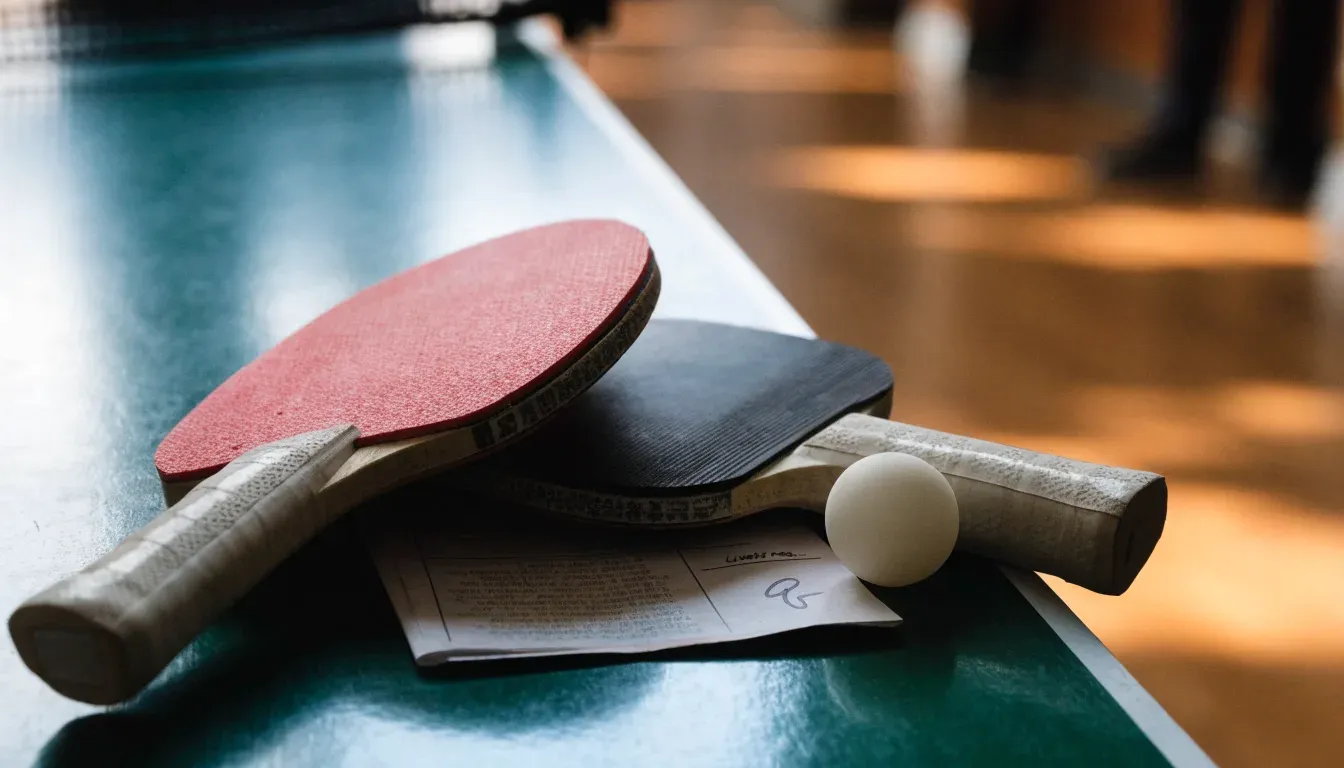 Zwei Tischtennisschläger liegen gekreuzt am Rand einer Platte, daneben ein kleiner weisser Ball.
