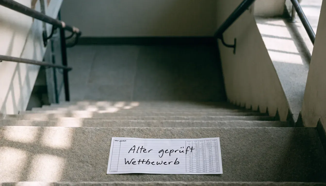 Ein stilles Treppenhaus eines Gemeindesportzentrums, durch ein Fenster fällt Nachmittagslicht auf die Stufen.