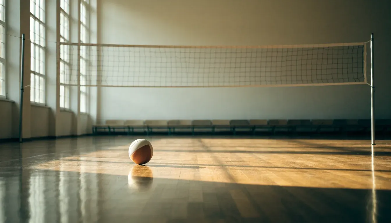Eine Sporthalle mit gespanntem Volleyballnetz über poliertem Holzboden, hohe Fenster lassen Tageslicht herein.