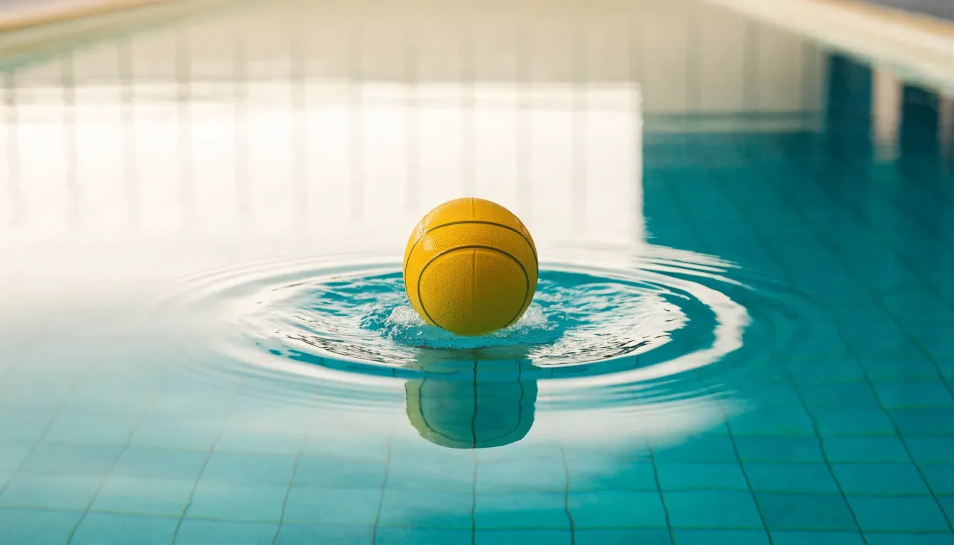 Ein gelber Ball treibt auf ruhigem türkisfarbenem Beckenwasser, feine Wellen im weichen Licht.