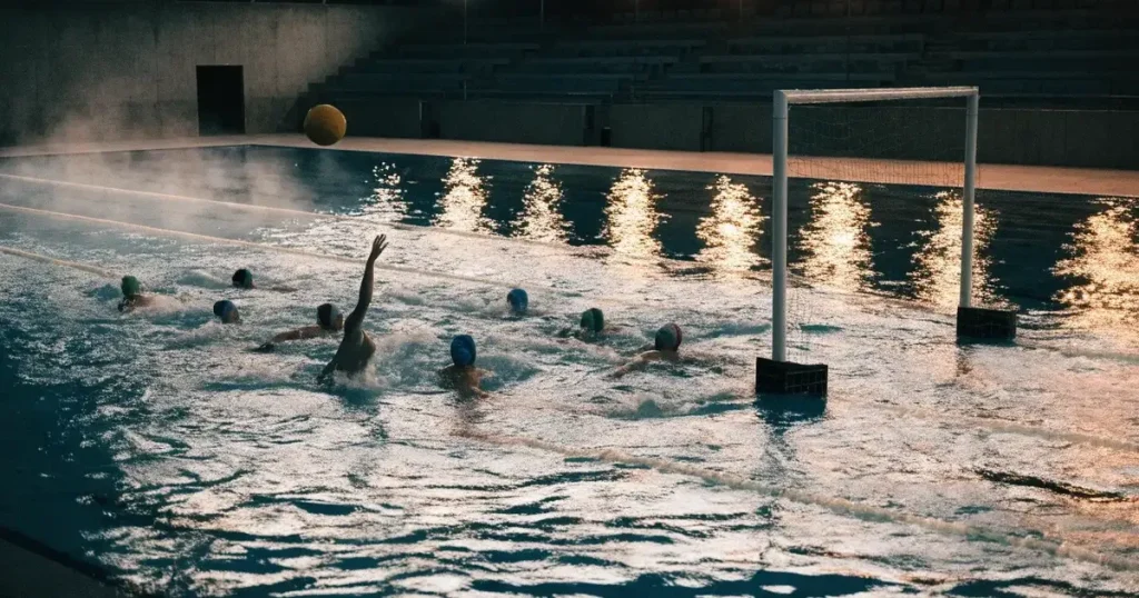 Ein Wasserballbecken am Abend mit zwei schwimmenden Torrahmen an den Enden, ruhiges blaues Wasser, leere Ränge.