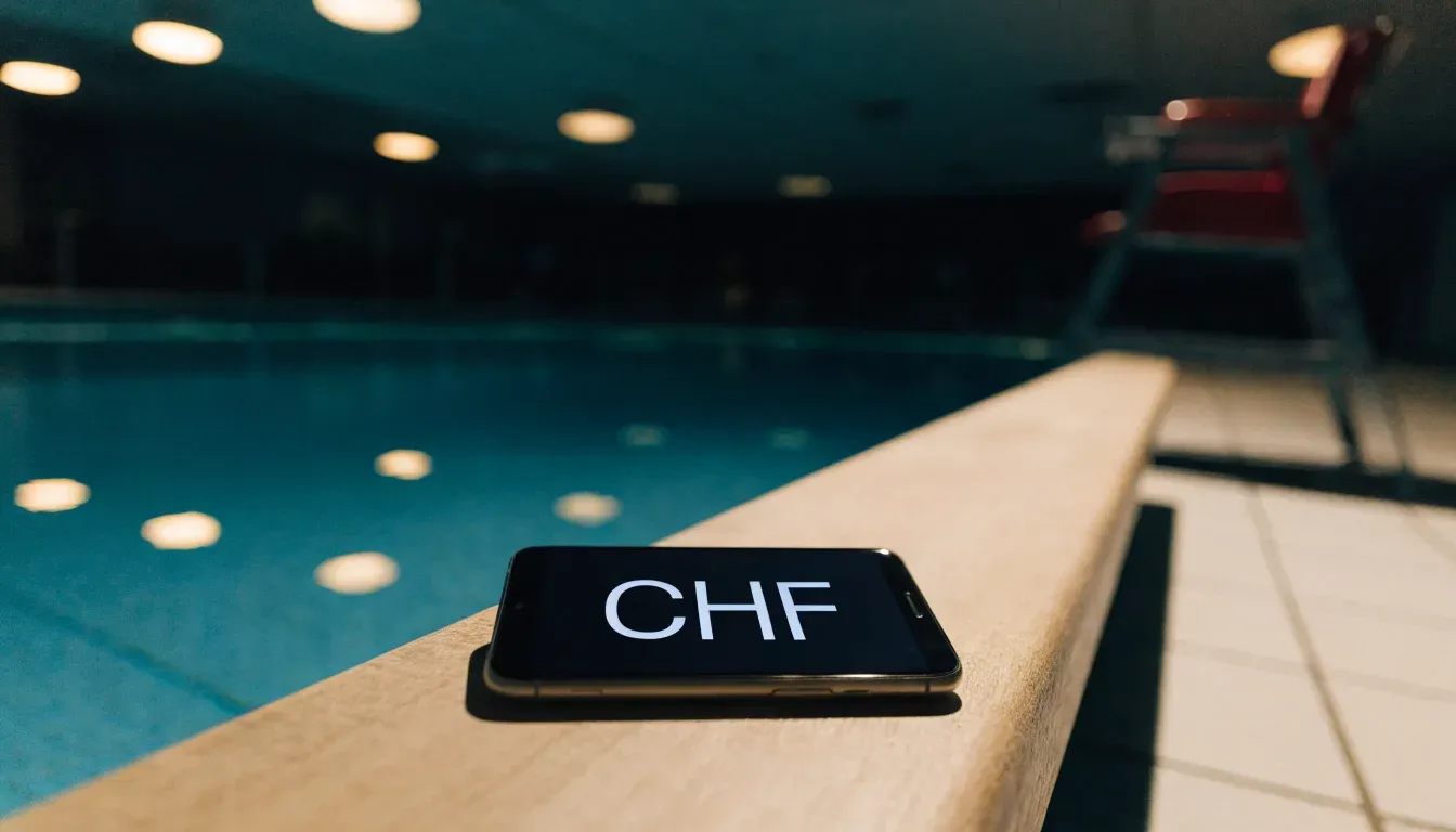 Ein Bademeisterstuhl neben einem Hallenbad zur Schliesszeit, gedimmtes Licht, glatte Wasseroberfläche.