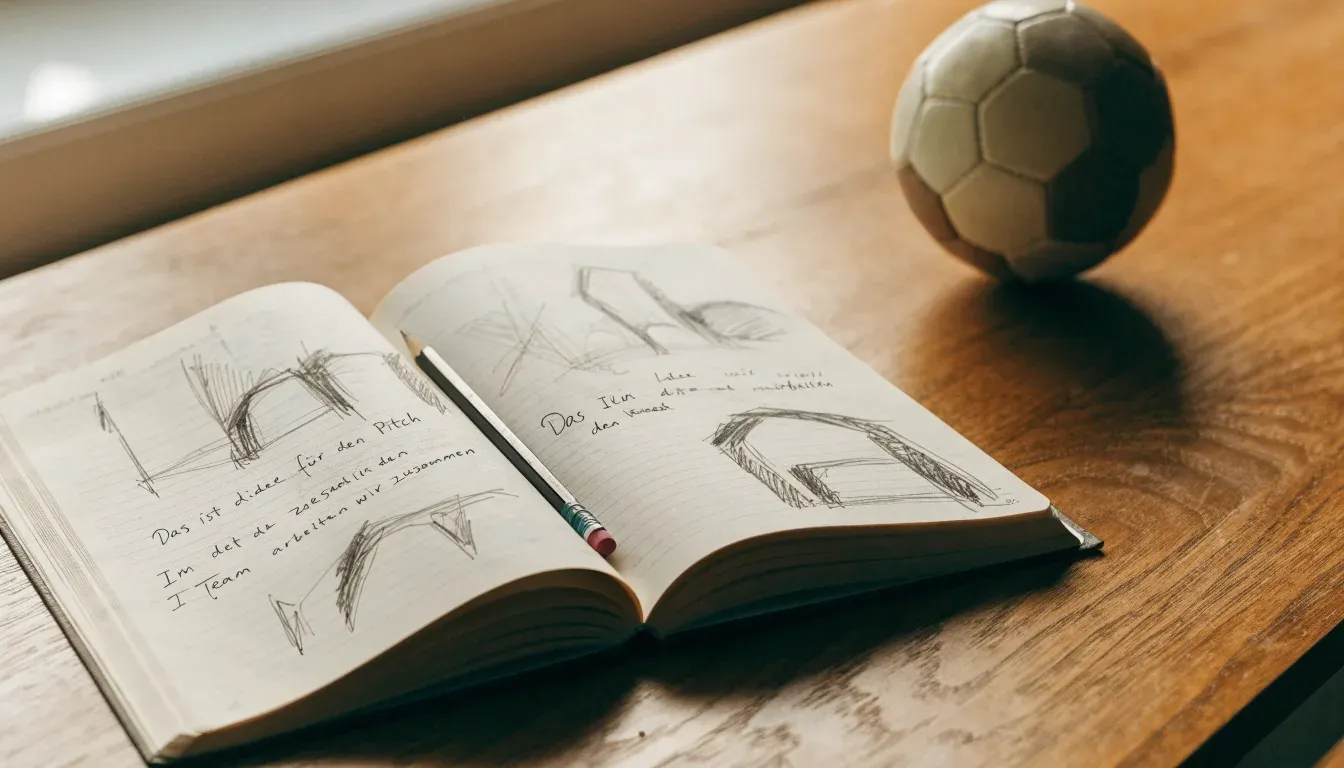 Ein aufgeschlagenes Notizbuch mit Bleistiftskizzen und ein kleiner Fussball liegen auf einem Holztisch im Tageslicht.