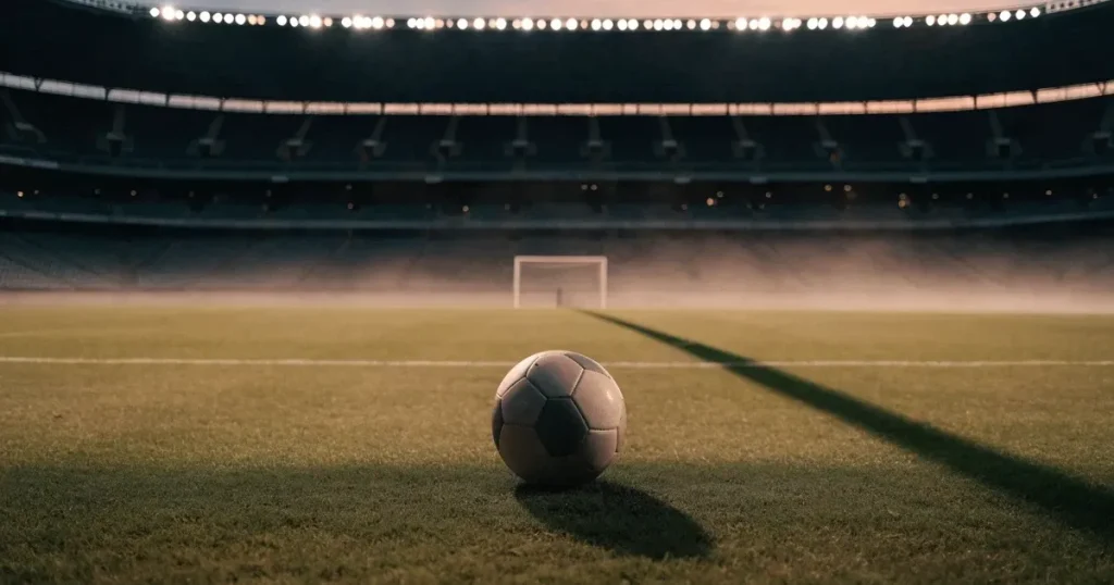 Ein Fussball liegt auf dem Anstosspunkt eines leeren Rasenplatzes, dahinter ragen die Ränge eines grossen Stadions in der Abenddämmerung auf.