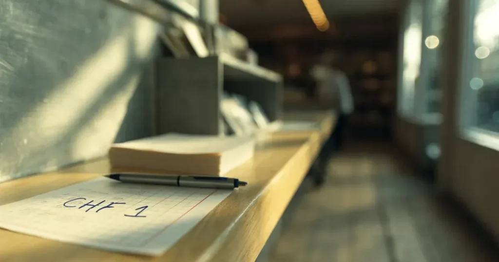 Ein leerer Ladentisch aus Holz mit einem Stapel unbeschriebener Papierzettel und einem Kugelschreiber, durch das Schaufenster fällt Tageslicht.