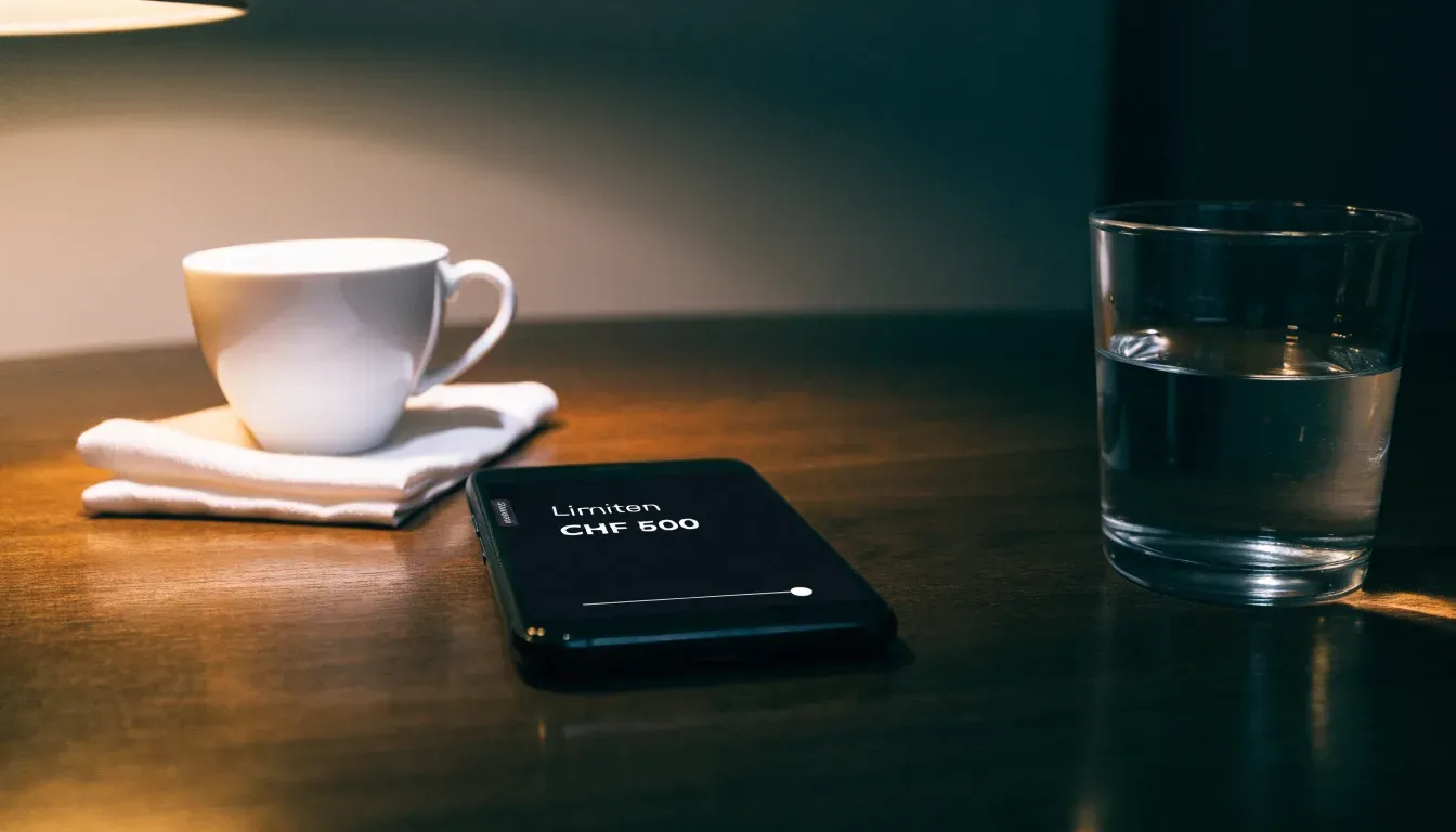 Ein Smartphone mit dunklem Display liegt neben einer Kaffeetasse und einem Glas Wasser auf einem Holztisch im Licht einer Lampe.