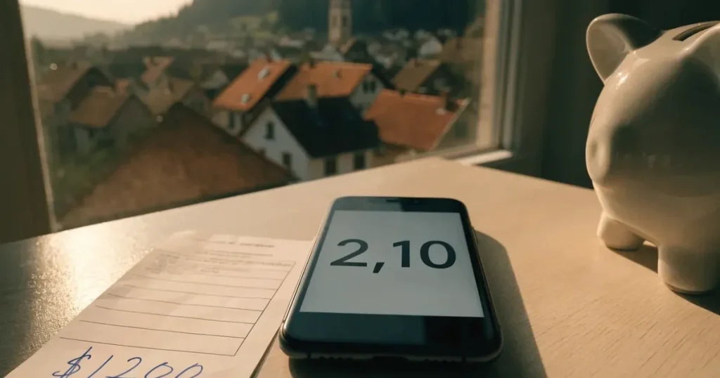 Ein Sparschwein aus Keramik steht auf einem Küchentisch neben einem Smartphone mit dunklem Display, im Fenster dahinter ein Schweizer Dorf im Morgenlicht.