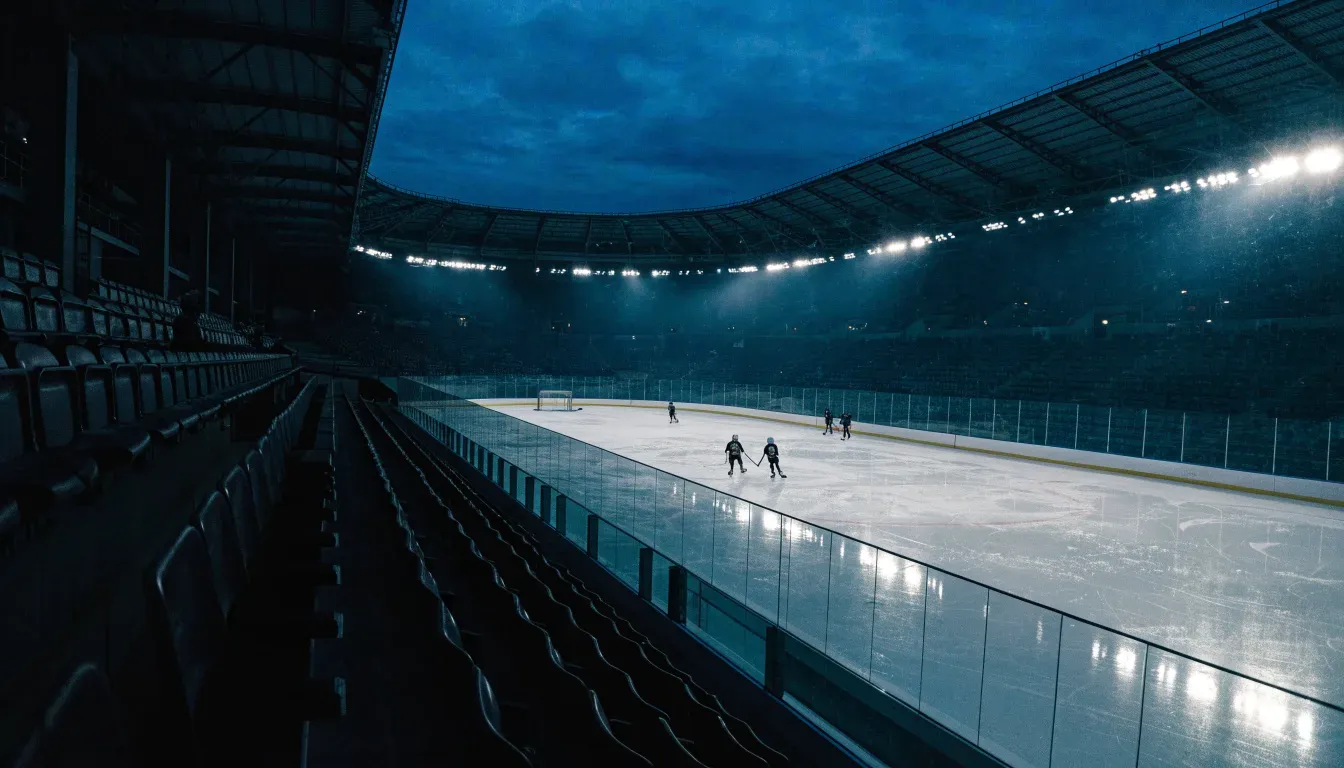 Eine Eisfläche unter Flutlicht aus der Ferne gesehen, die Ränge sind leer und über dem Dach hängt die Dämmerung.