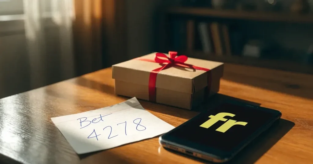 Ein kleines Geschenk mit Schleife steht auf einem Holztisch neben einem Smartphone mit dunklem Display im Seitenlicht.
