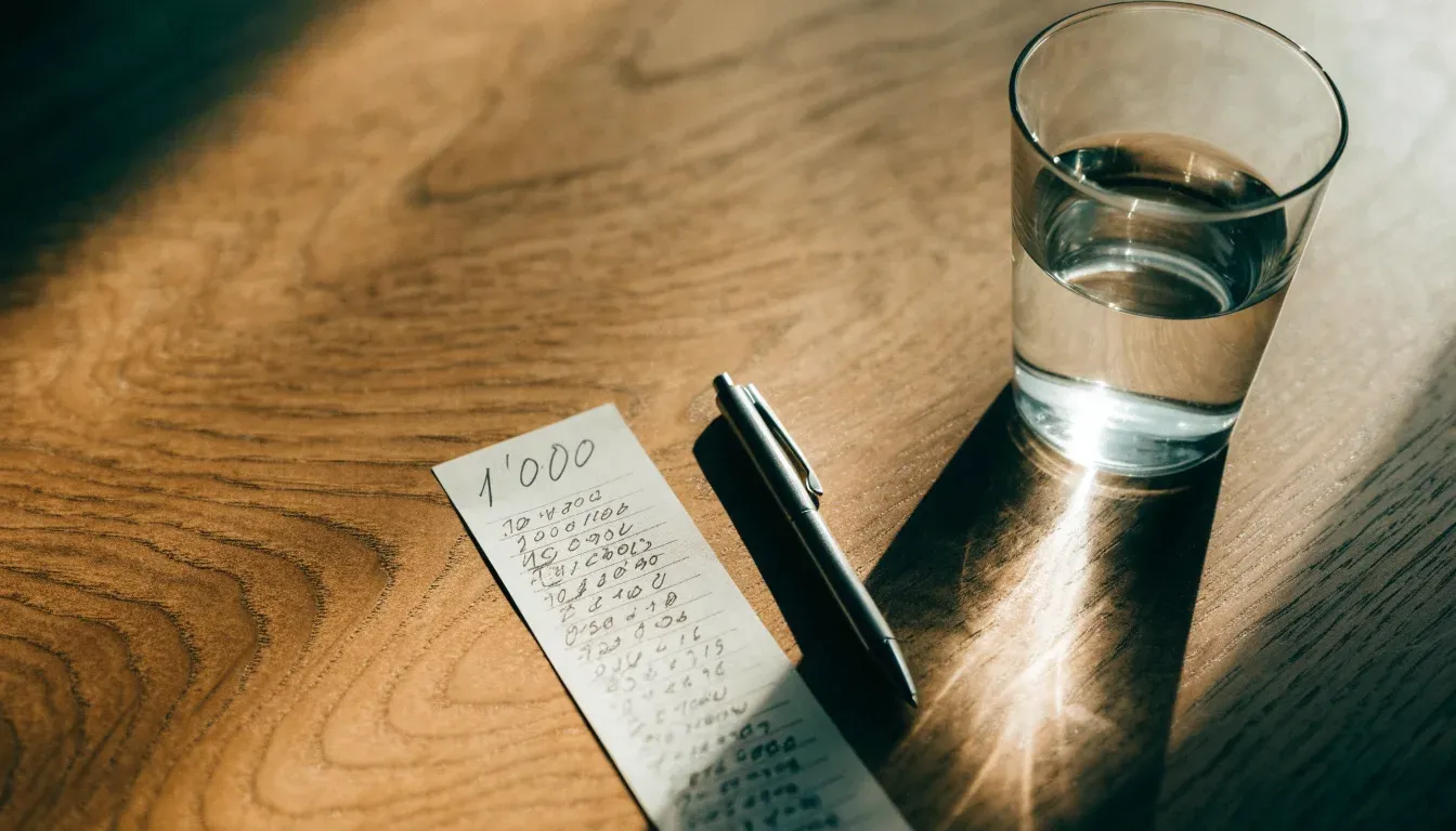 Ein Glas steht bis zum Rand gefüllt auf einem Holztisch, daneben ein Kugelschreiber und ein leeres Blatt Papier im Seitenlicht.