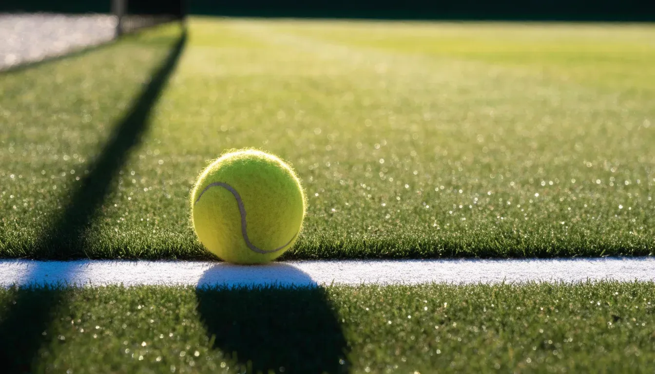 Ein gelber Tennisball liegt im Gras neben der weissen Grundlinie, Tau glitzert auf den Halmen im flachen Sonnenlicht.
