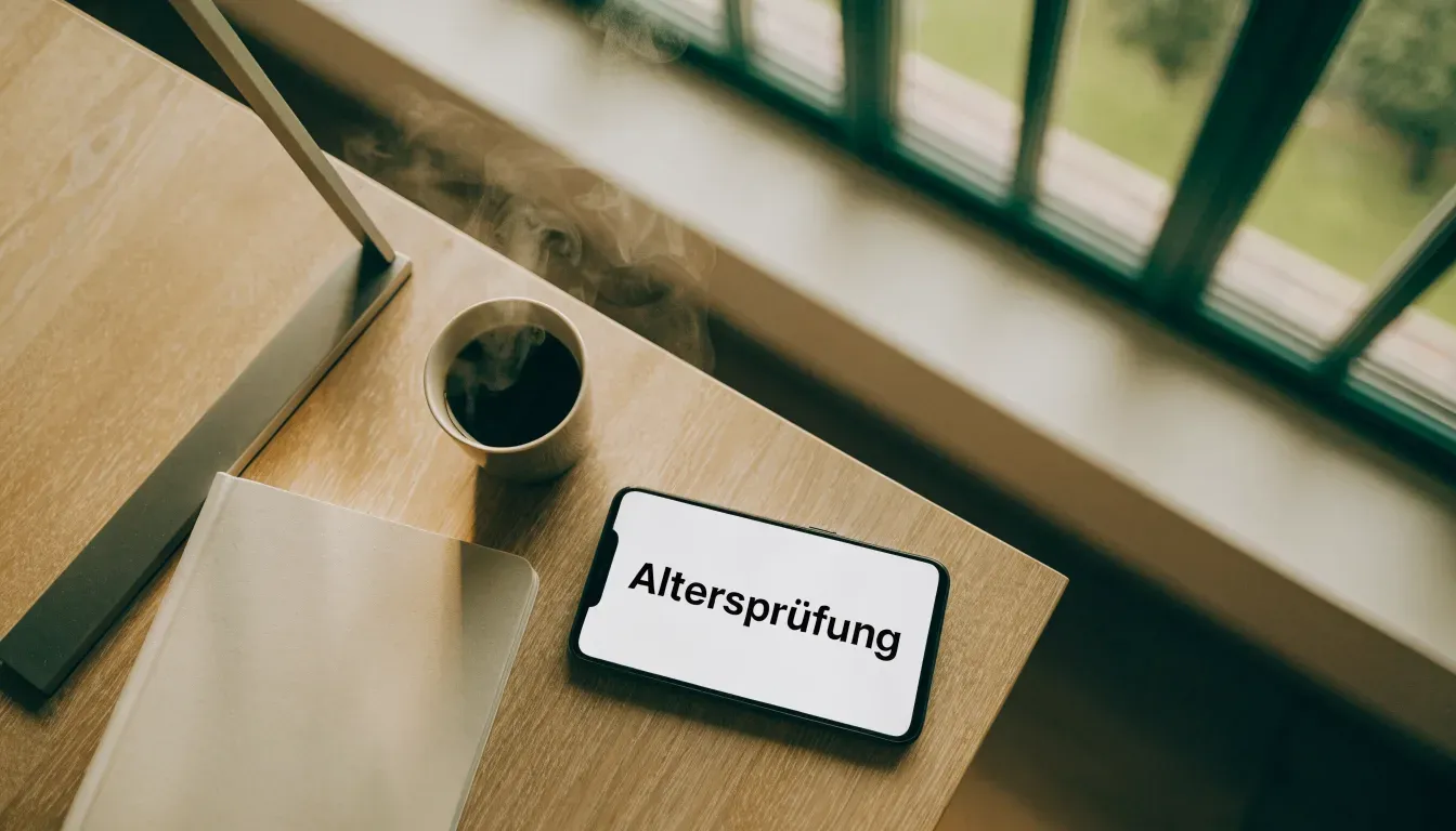 Ein Holzschreibtisch in einem hellen Büro mit Blick auf einen Park, darauf eine Lupe und ein leerer Notizblock.