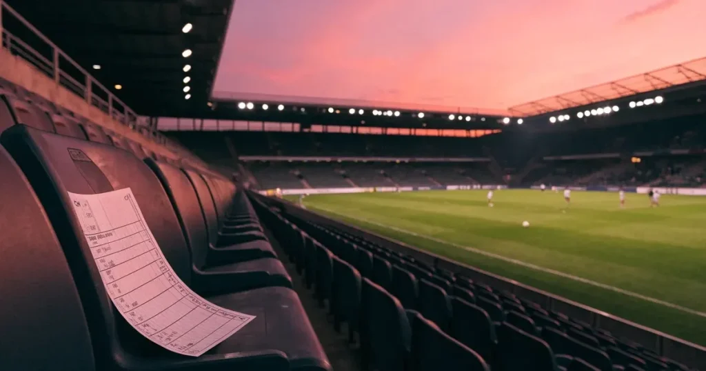 Eine Reihe leerer Sitzplätze in einem Stadion, die Sessel in gleichmässigem Abstand, über den Rängen ein Abendhimmel in Rosa.