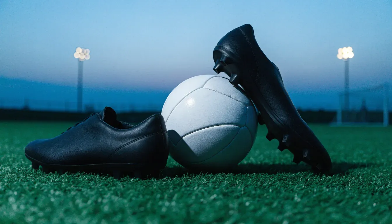 Ein Fussball und ein Paar Stollenschuhe stehen am Rand eines Kunstrasenplatzes, Flutlichtmasten ragen in den Abendhimmel.