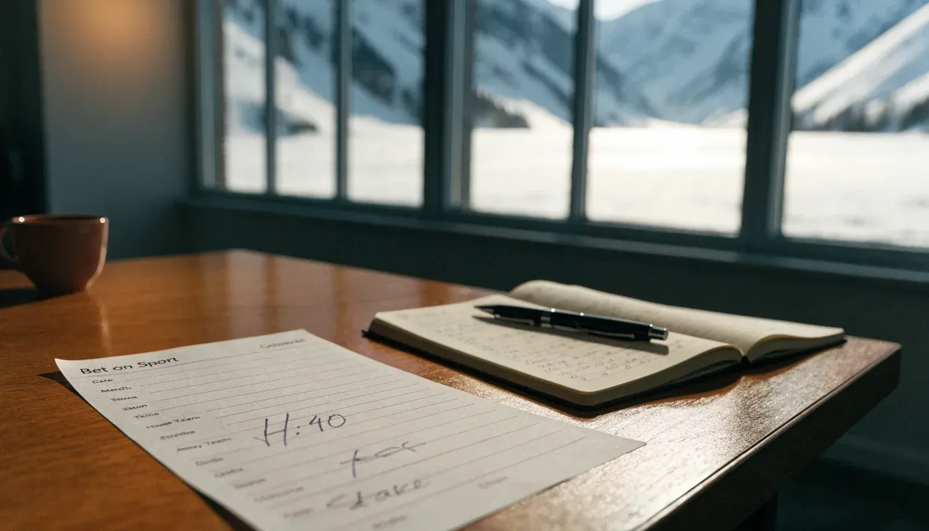 Eine Berghütte im Schnee mit rauchendem Kamin steht vor klarem Himmel, ein Pfad führt in die Stille.