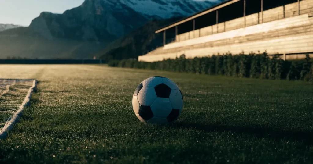 Ein Fussball liegt am frühen Morgen auf dem Rasen eines leeren Fussballfeldes, dahinter eine kleine Tribüne und schneebedeckte Berge.